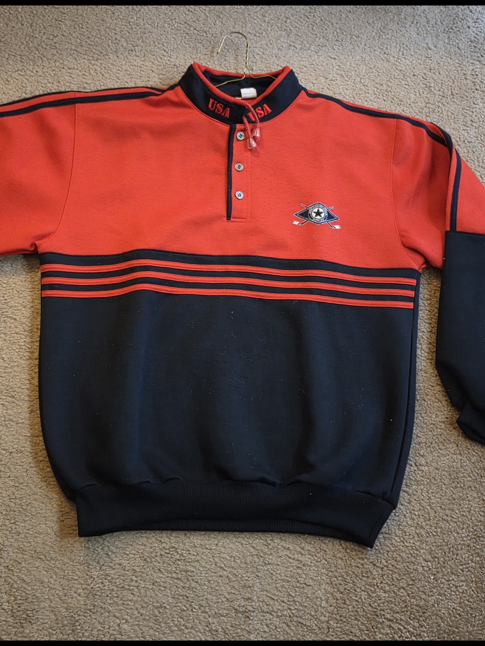 USA Ice Hockey Collared Button Neck Pullover Sweatshirt L Red Black Striped Logo